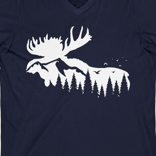 Moose Silhouette Forest Scene Shirt V-Neck Shirt – Navy – Alaska Cruise Shirts Close Up