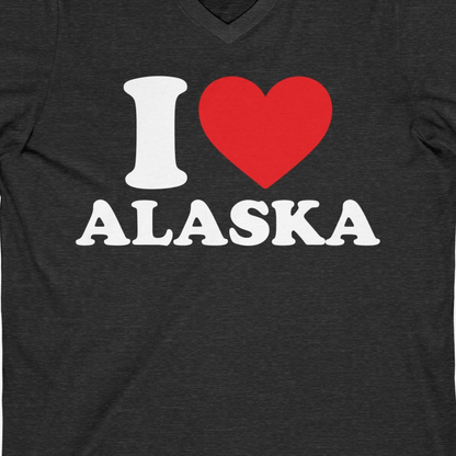 I Love Alaska Shirt V-Neck Shirt – Dark Grey Heather – Alaska Cruise Shirts Close Up