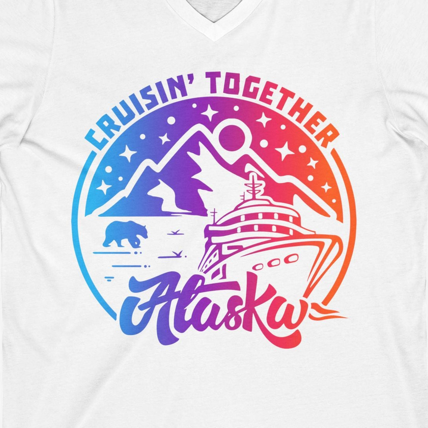 Alaska Cruise Shirt V-Neck Shirt – White – Alaska Cruise Shirts Close Up
