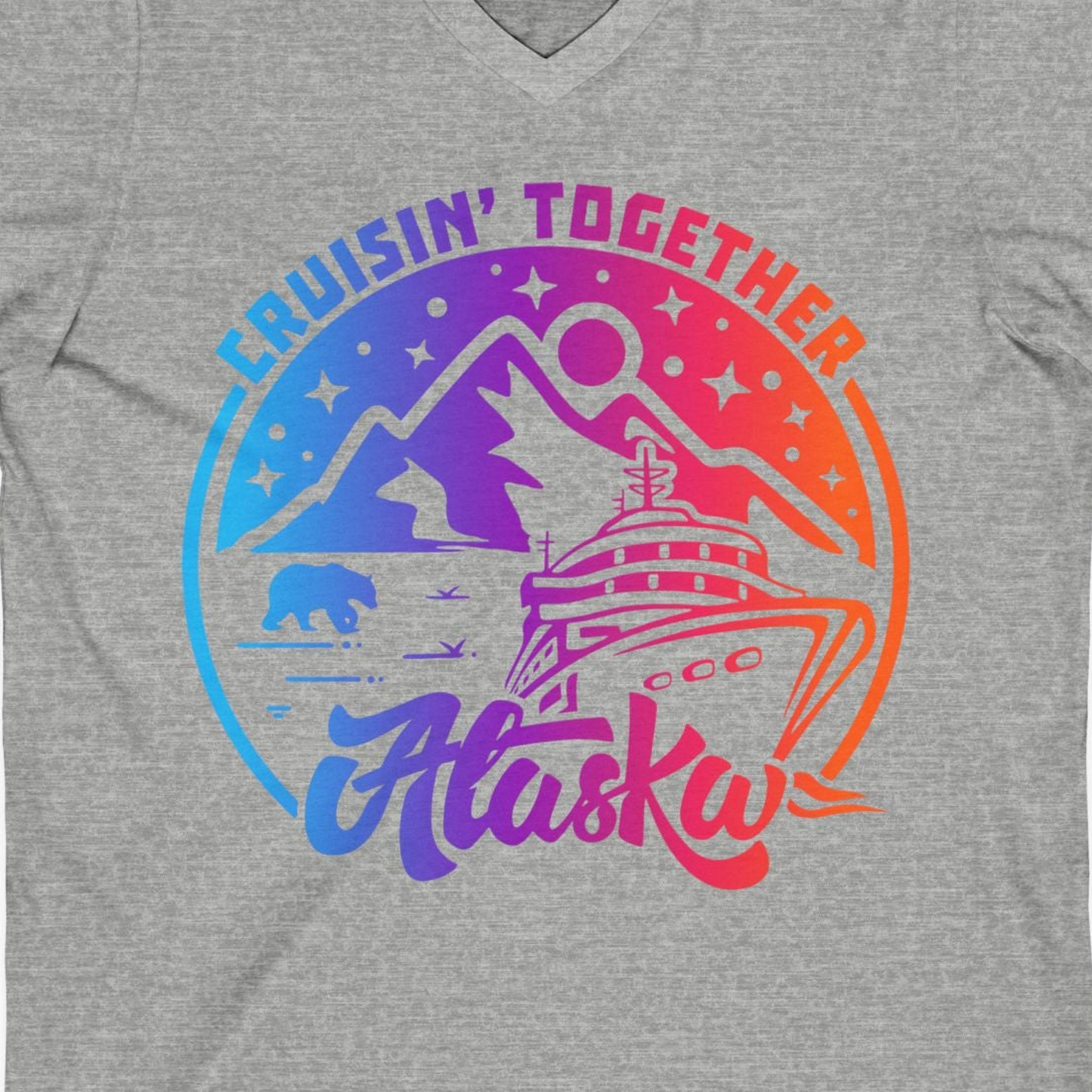 Alaska Cruise Shirt V-Neck Shirt – Athletic Heather – Alaska Cruise Shirts Close Up