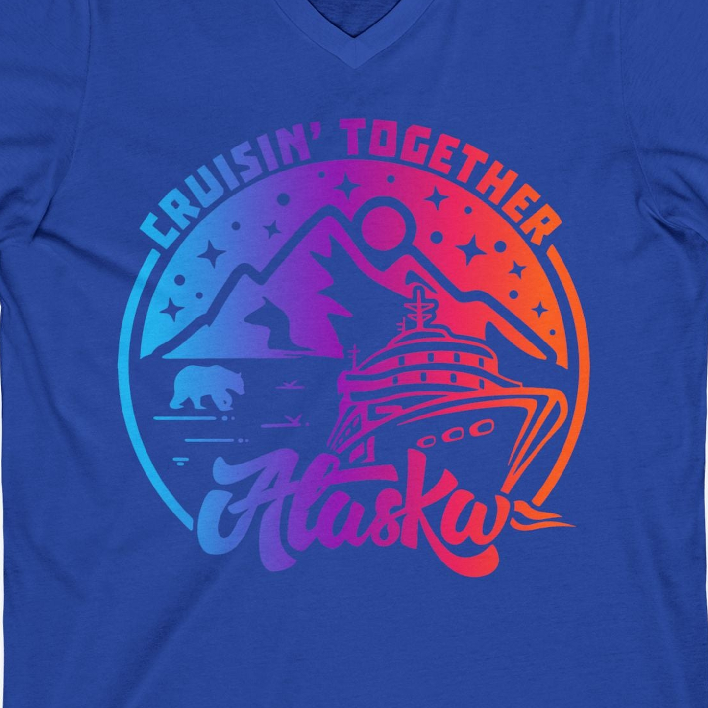 Alaska Cruise Shirt V-Neck Shirt – True Royal – Alaska Cruise Shirts Close Up