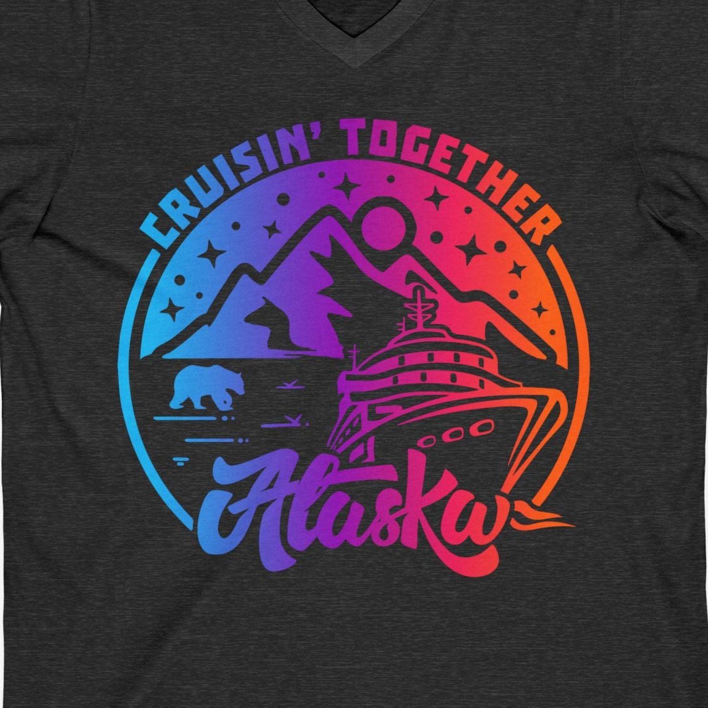Alaska Cruise Shirt V-Neck Shirt – Dark Grey Heather – Alaska Cruise Shirts Close Up