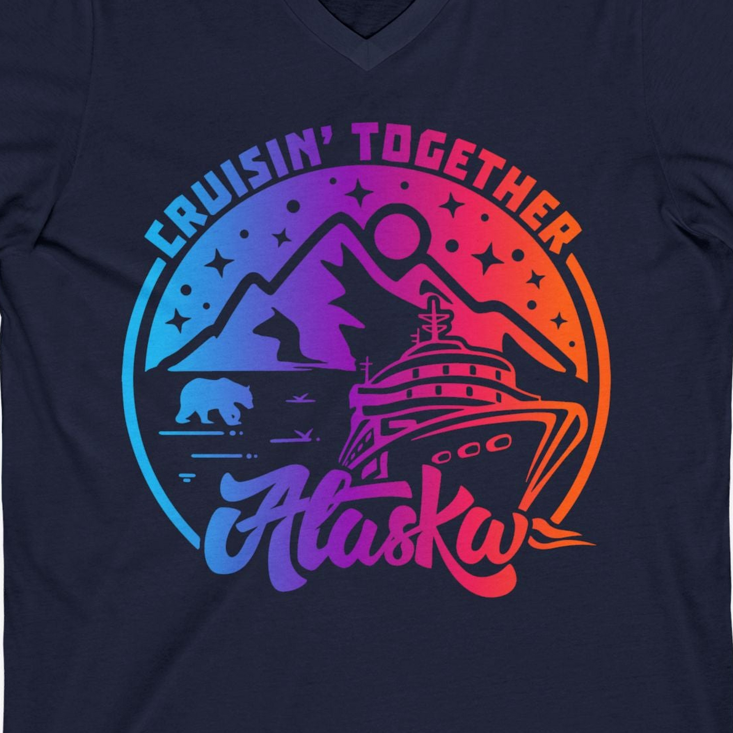Alaska Cruise Shirt V-Neck Shirt – Navy – Alaska Cruise Shirts Close Up