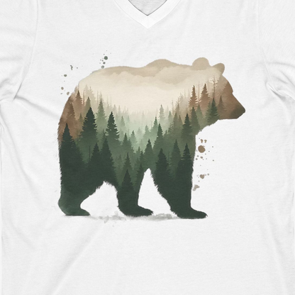 Double Exposure Bear Forest Shirt V-Neck Shirt – White – Alaska Cruise Shirts Close Up