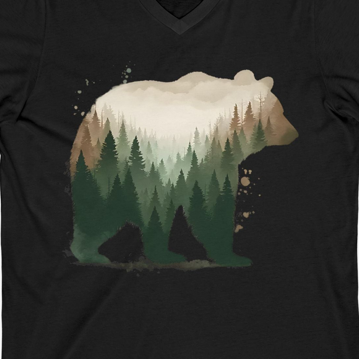 Double Exposure Bear Forest Shirt V-Neck Shirt – Black – Alaska Cruise Shirts Close Up