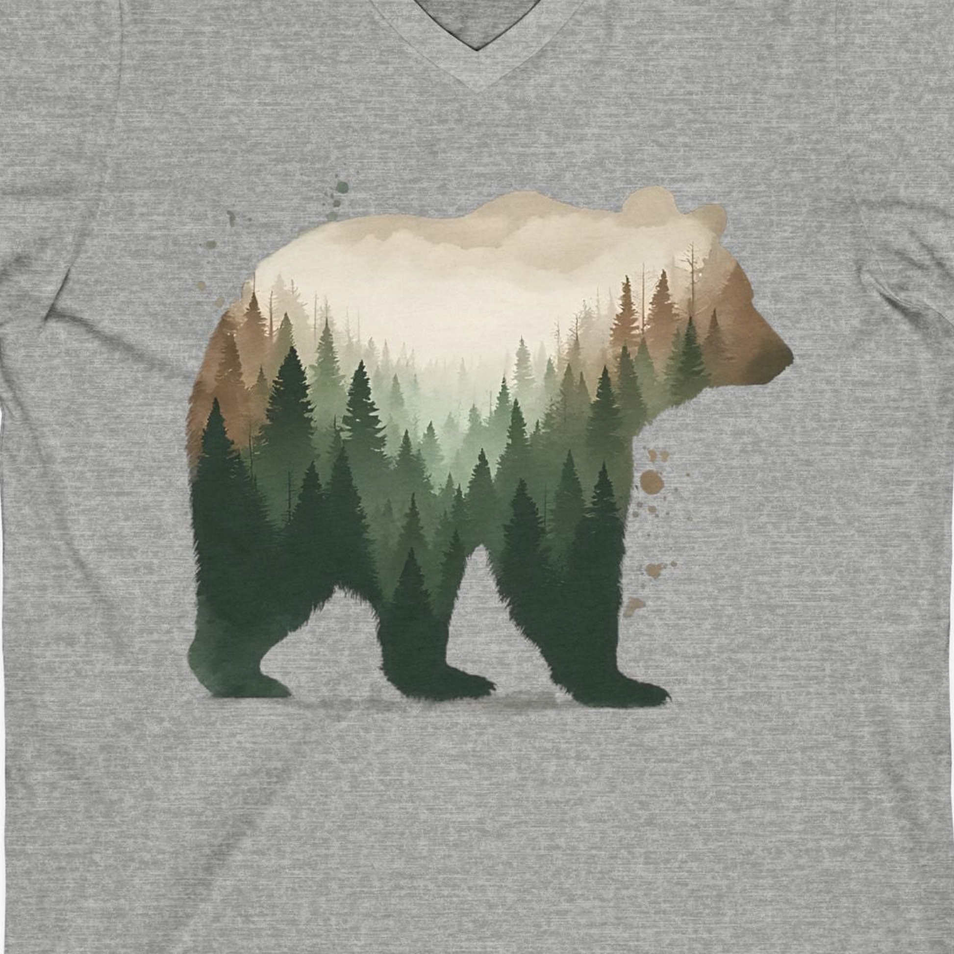 Double Exposure Bear Forest Shirt V-Neck Shirt – Athletic Heather – Alaska Cruise Shirts Close Up