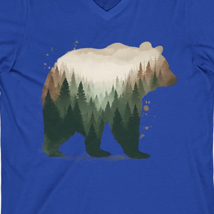 Double Exposure Bear Forest Shirt V-Neck Shirt – True Royal – Alaska Cruise Shirts Close Up