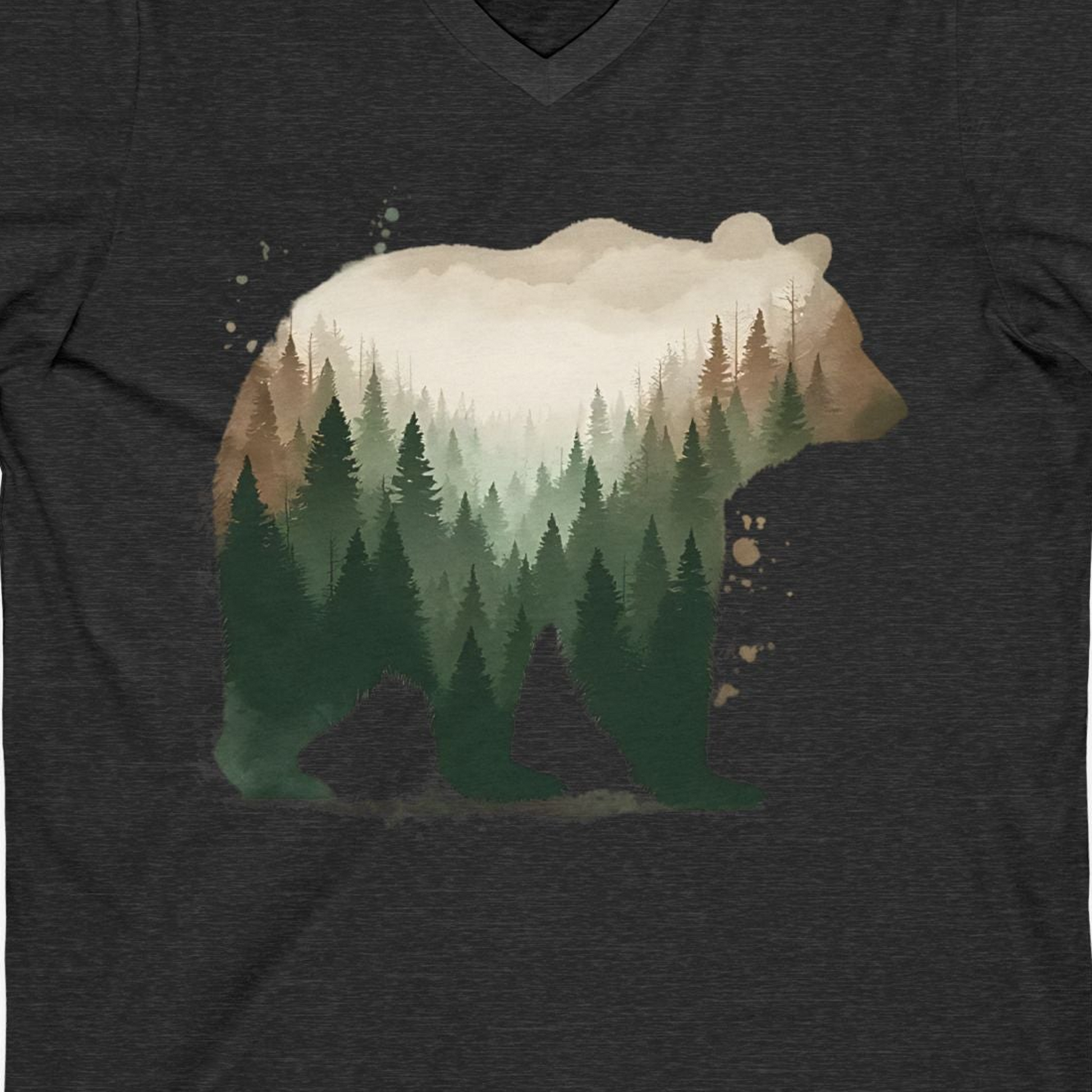 Double Exposure Bear Forest Shirt V-Neck Shirt – Dark Grey Heather – Alaska Cruise Shirts Close Up