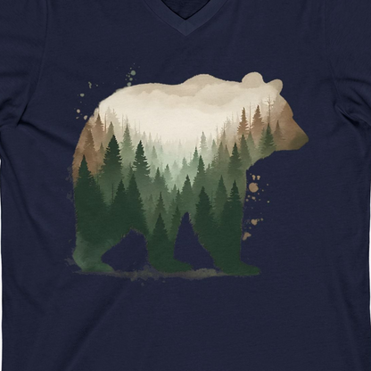 Double Exposure Bear Forest Shirt V-Neck Shirt – Navy – Alaska Cruise Shirts Close Up