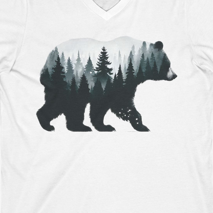 Double Exposure Bear Forest Silhouette Wilderness Shirt for Nature Lovers — V-Neck V-Neck Shirt – White – Alaska Cruise Shirts Close Up