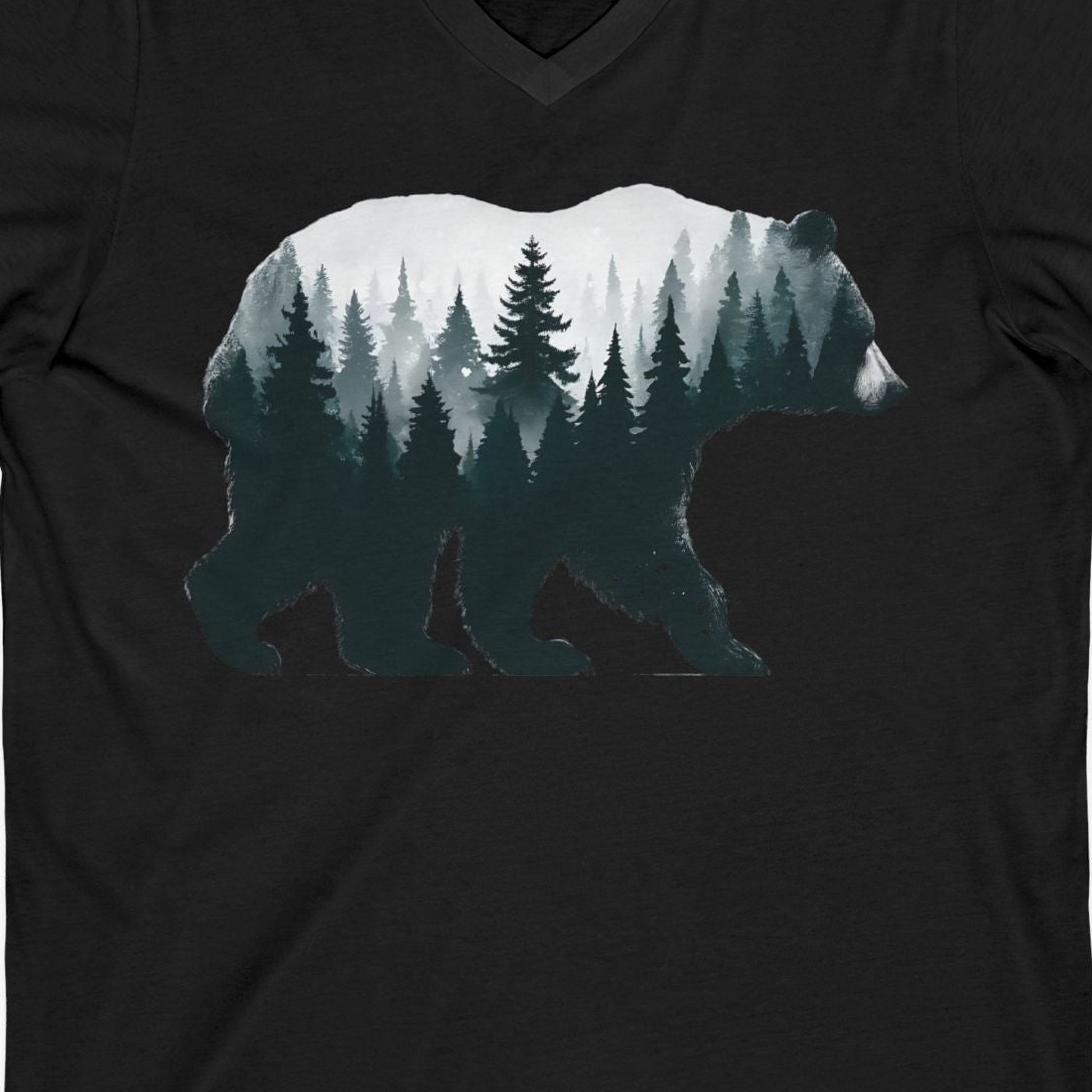 Double Exposure Bear Forest Silhouette Wilderness Shirt for Nature Lovers — V-Neck V-Neck Shirt – Black – Alaska Cruise Shirts Close Up