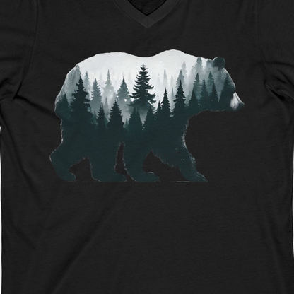 Double Exposure Bear Forest Silhouette Wilderness Shirt for Nature Lovers — V-Neck V-Neck Shirt – Black – Alaska Cruise Shirts Close Up