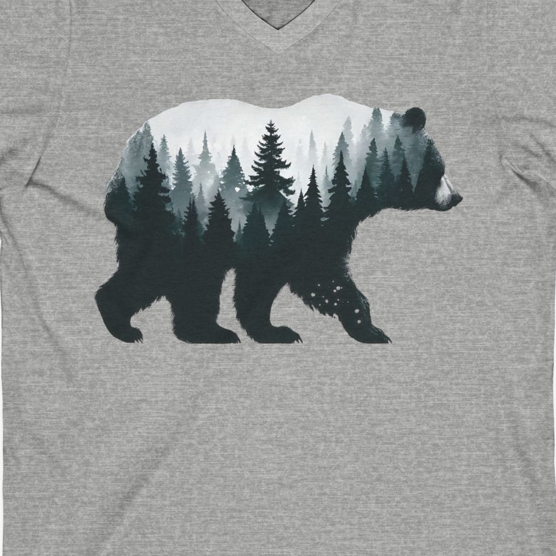Double Exposure Bear Forest Silhouette Wilderness Shirt for Nature Lovers — V-Neck V-Neck Shirt – Athletic Heather – Alaska Cruise Shirts Close Up