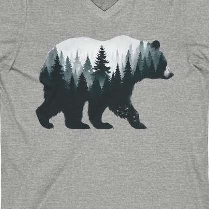 Double Exposure Bear Forest Silhouette Wilderness Shirt for Nature Lovers — V-Neck V-Neck Shirt – Athletic Heather – Alaska Cruise Shirts Close Up
