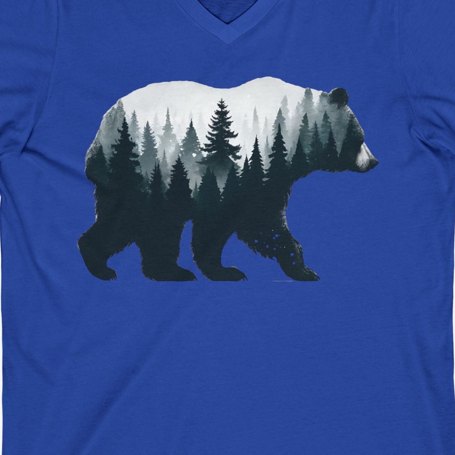 Double Exposure Bear Forest Silhouette Wilderness Shirt for Nature Lovers — V-Neck V-Neck Shirt – True Royal – Alaska Cruise Shirts Close Up
