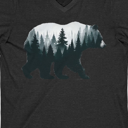 Double Exposure Bear Forest Silhouette Wilderness Shirt for Nature Lovers — V-Neck V-Neck Shirt – Dark Grey Heather – Alaska Cruise Shirts Close Up