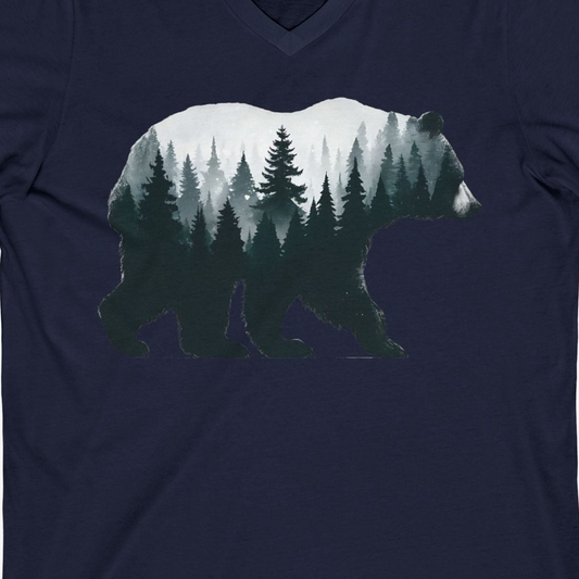 Double Exposure Bear Forest Silhouette Wilderness Shirt for Nature Lovers — V-Neck V-Neck Shirt – Navy – Alaska Cruise Shirts Close Up