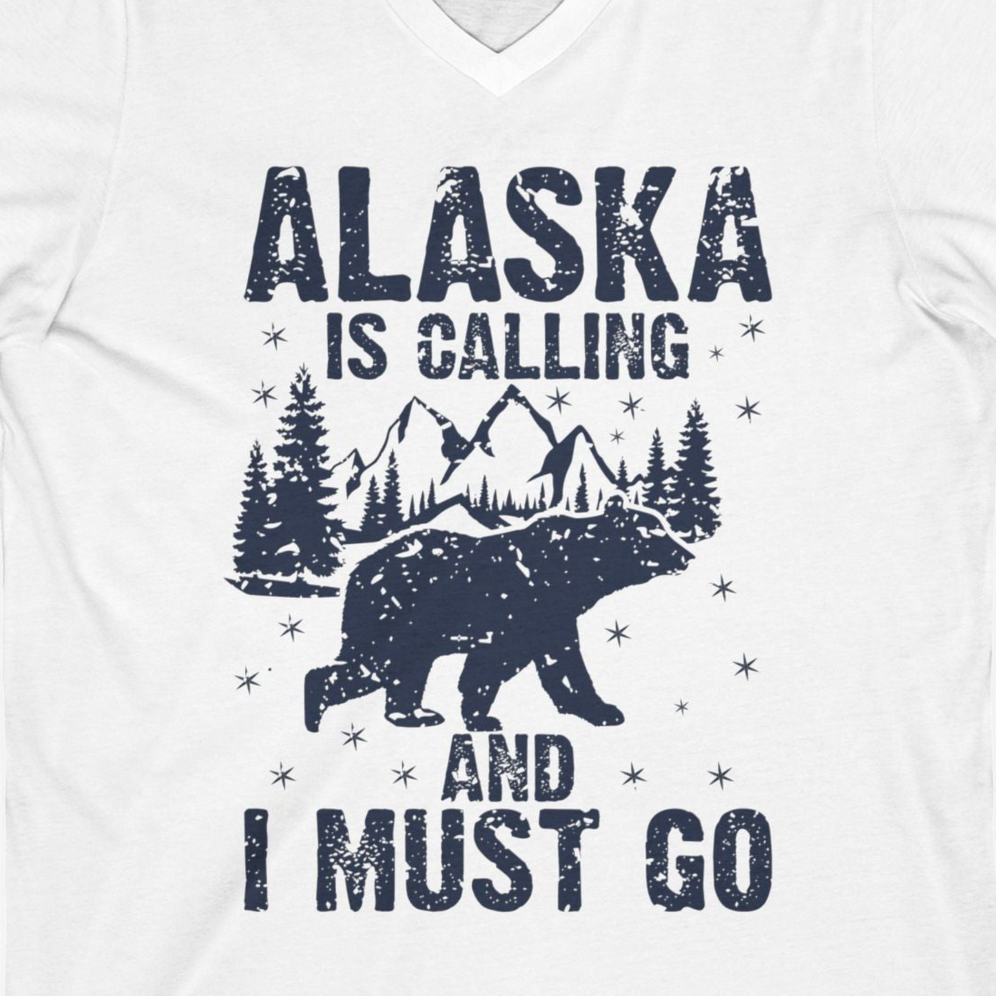 Alaska Is Calling Bear Mountain Wilderness Adventure Vintage Shirt — V-Neck V-Neck Shirt – White – Alaska Cruise Shirts Close Up