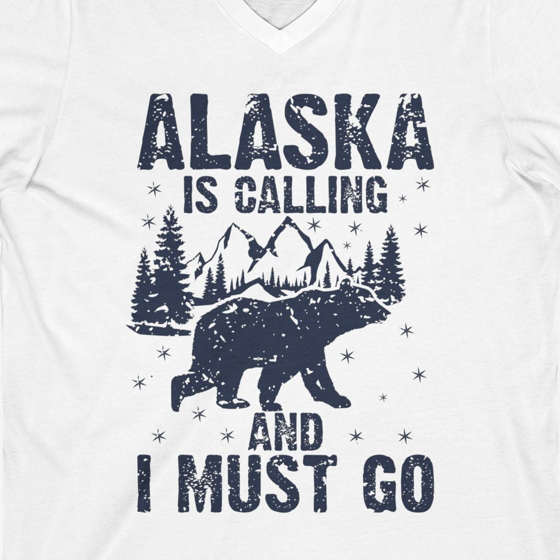 Alaska Is Calling Bear Mountain Wilderness Adventure Vintage Shirt — V-Neck V-Neck Shirt – White – Alaska Cruise Shirts Close Up