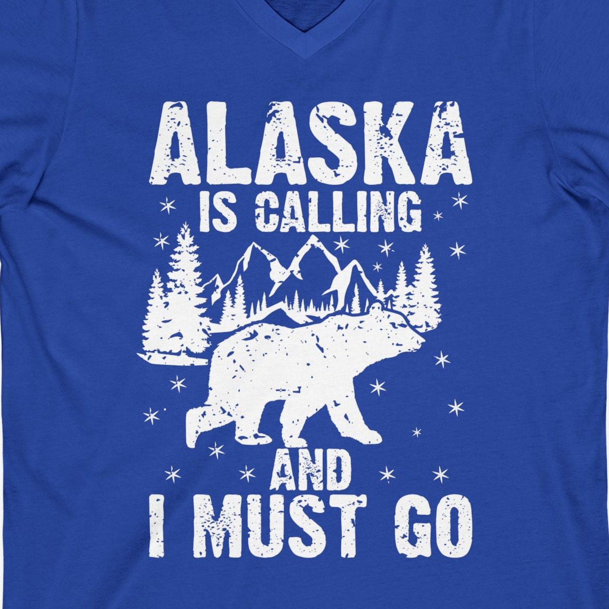 Alaska Is Calling Bear Mountain Wilderness Adventure Vintage Shirt — V-Neck V-Neck Shirt – True Royal – Alaska Cruise Shirts Close Up