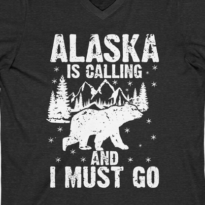 Alaska Is Calling Bear Mountain Wilderness Adventure Vintage Shirt — V-Neck V-Neck Shirt – Dark Grey Heather – Alaska Cruise Shirts Close Up