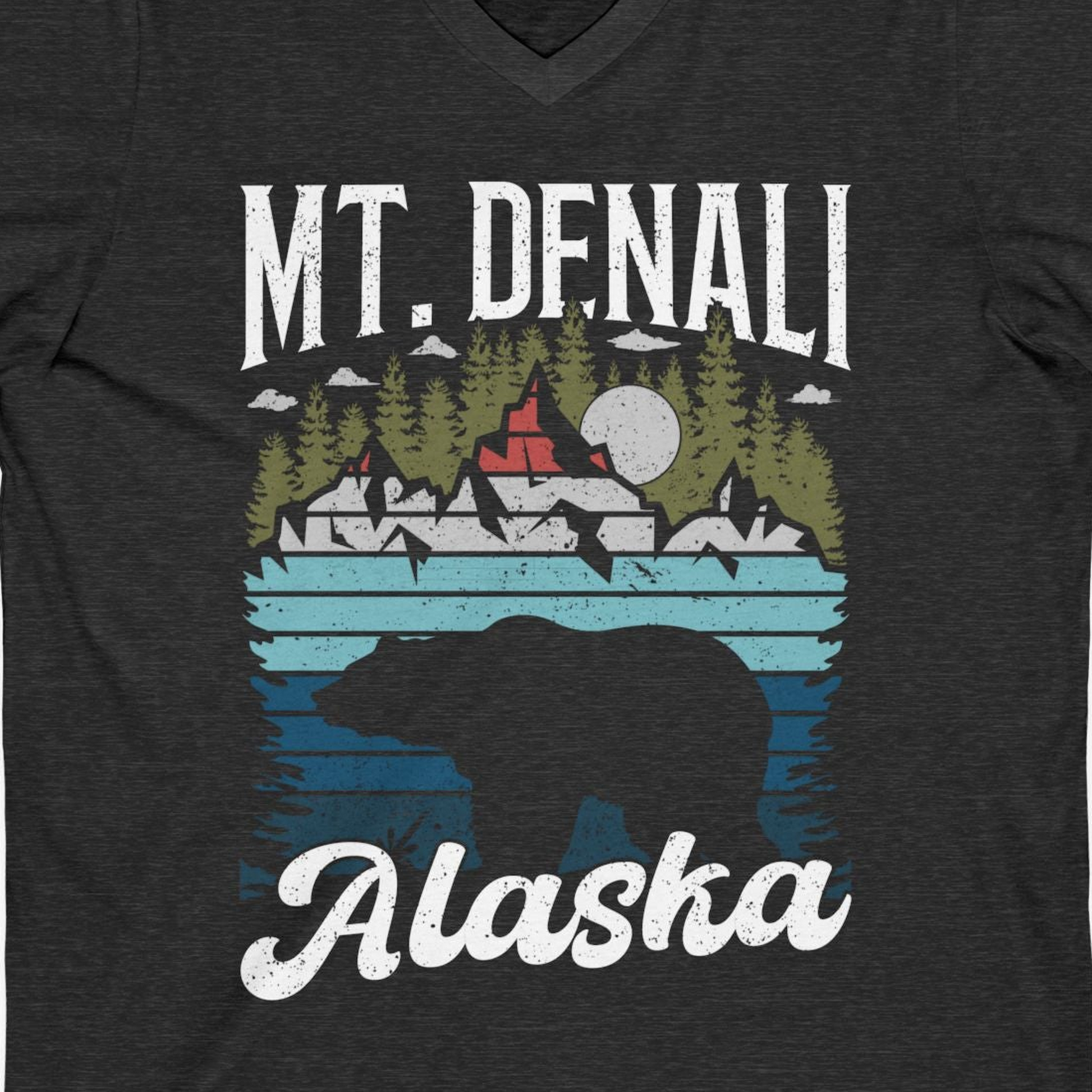 Mt Denali Alaska Bear Wilderness Shirt V-Neck Shirt – Dark Grey Heather – Alaska Cruise Shirts Close Up