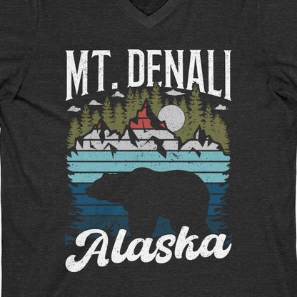 Mt Denali Alaska Bear Wilderness Shirt V-Neck Shirt – Dark Grey Heather – Alaska Cruise Shirts Close Up