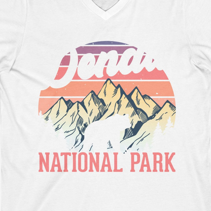 Retro Denali National Park Alaska Bear Mountains Vintage Shirt — V-Neck V-Neck Shirt – White – Alaska Cruise Shirts Close Up