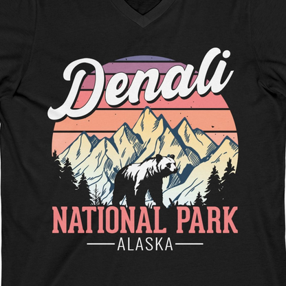Retro Denali National Park Alaska Bear Mountains Vintage Shirt — V-Neck V-Neck Shirt – Black – Alaska Cruise Shirts Close Up