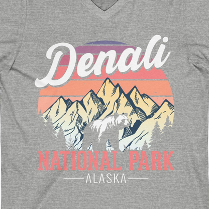 Retro Denali National Park Alaska Bear Mountains Vintage Shirt — V-Neck V-Neck Shirt – Athletic Heather – Alaska Cruise Shirts Close Up