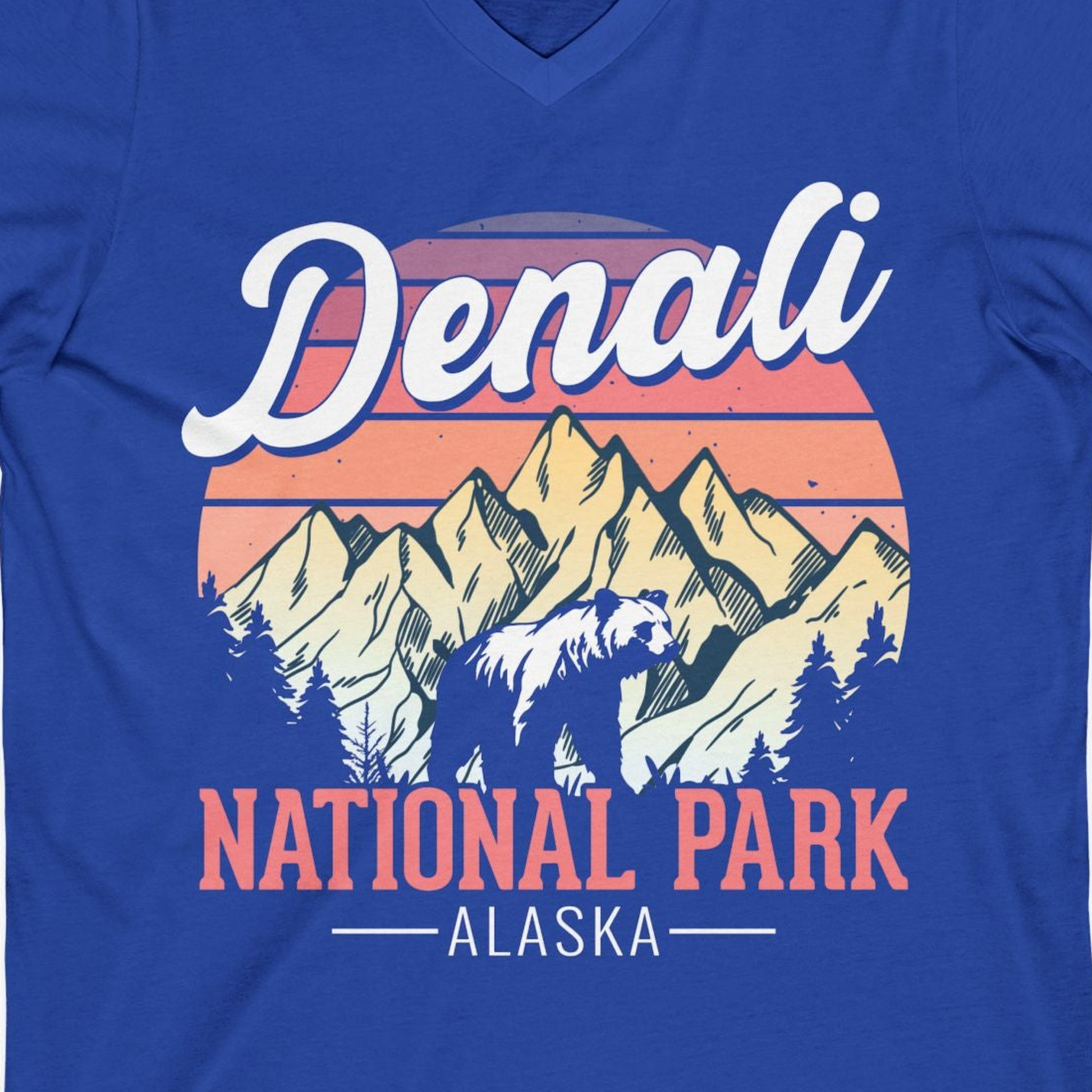 Retro Denali National Park Alaska Bear Mountains Vintage Shirt — V-Neck V-Neck Shirt – True Royal – Alaska Cruise Shirts Close Up
