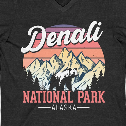 Retro Denali National Park Alaska Bear Mountains Vintage Shirt — V-Neck V-Neck Shirt – Dark Grey Heather – Alaska Cruise Shirts Close Up