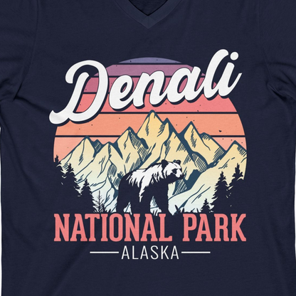 Retro Denali National Park Alaska Bear Mountains Vintage Shirt — V-Neck V-Neck Shirt – Navy – Alaska Cruise Shirts Close Up