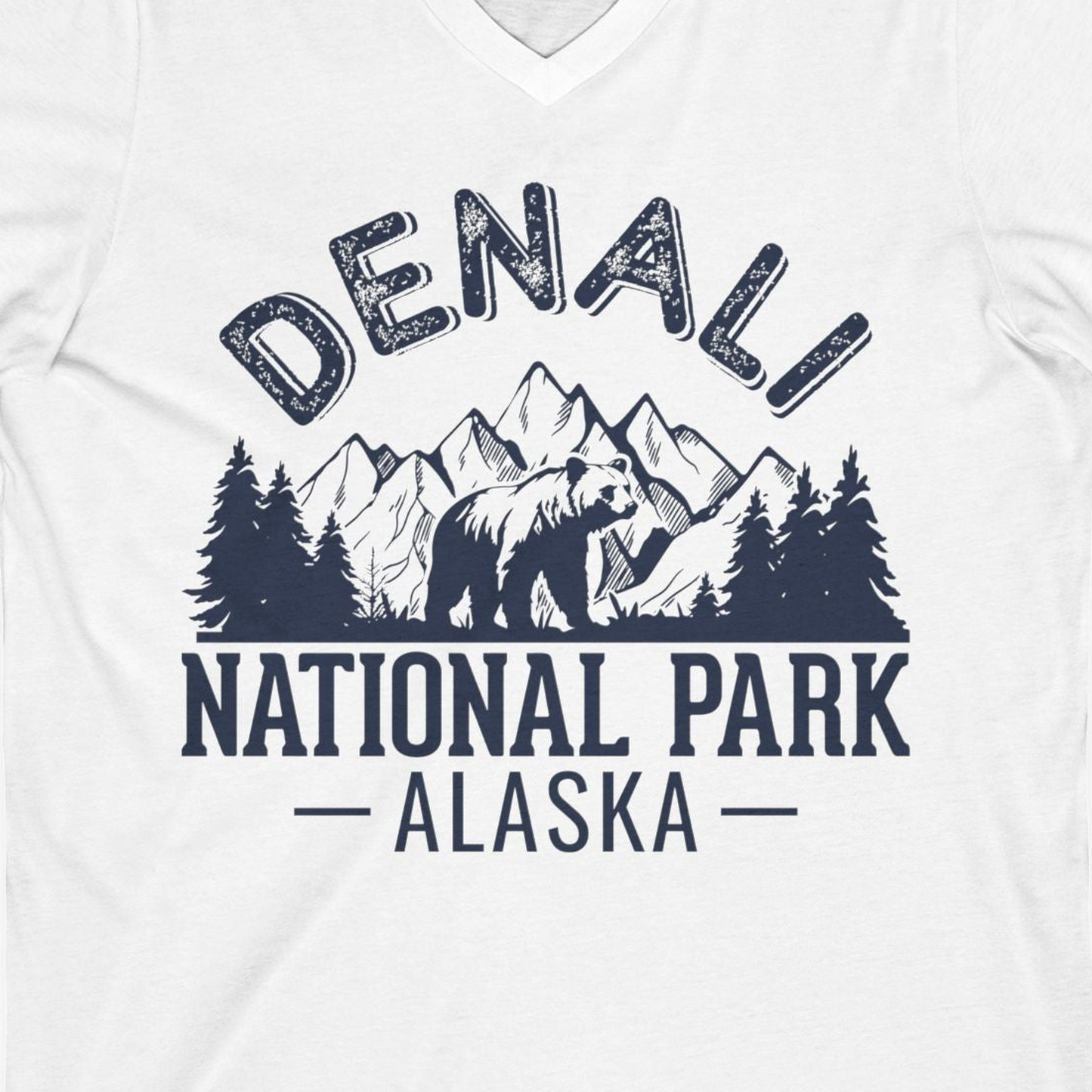 Denali National Park Bear Mountains Vintage Alaska Nature Shirt — V-Neck V-Neck Shirt – White – Alaska Cruise Shirts Close Up