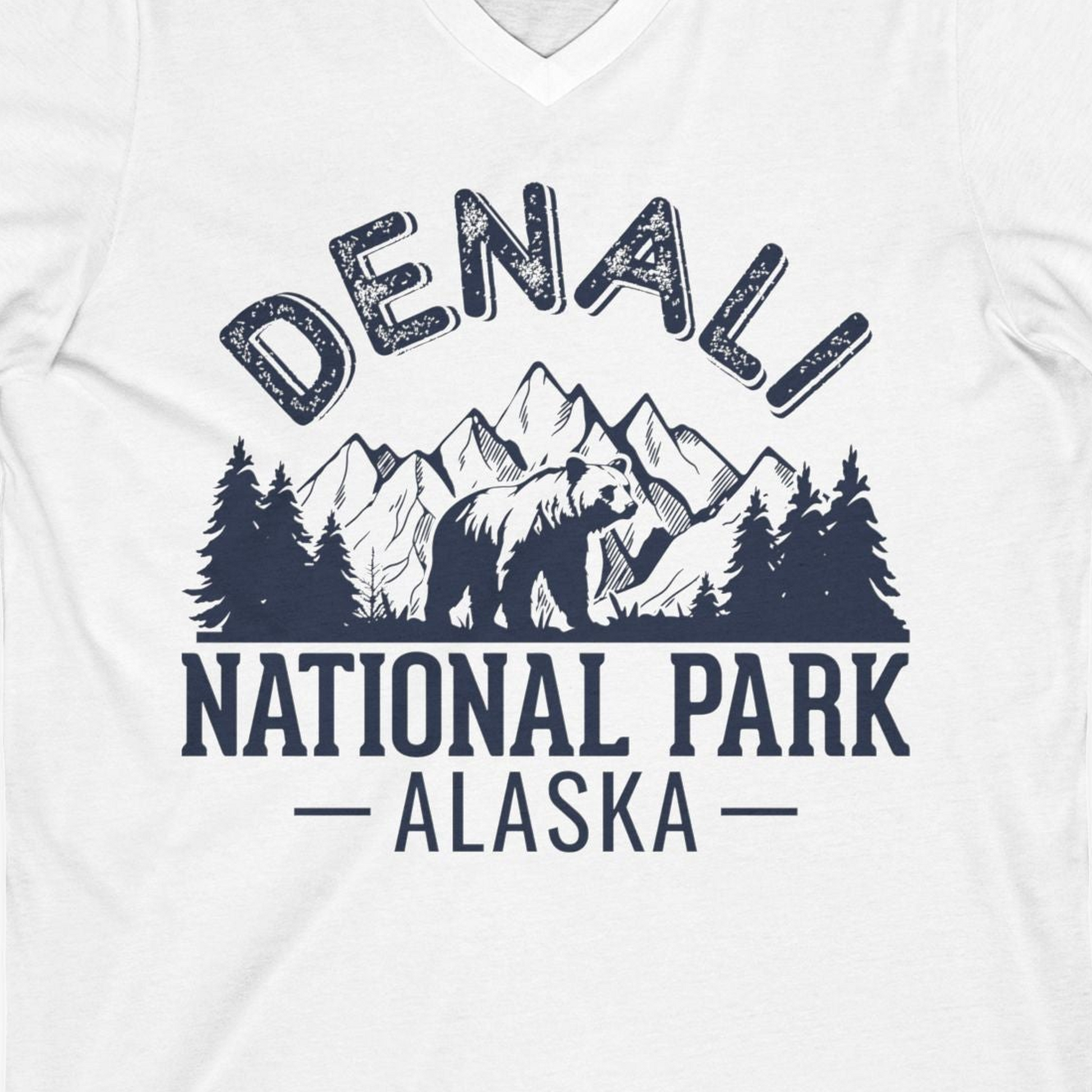 Denali National Park Bear Mountains Vintage Alaska Nature Shirt — V-Neck V-Neck Shirt – White – Alaska Cruise Shirts Close Up
