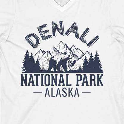 Denali National Park Bear Mountains Vintage Alaska Nature Shirt — V-Neck V-Neck Shirt – White – Alaska Cruise Shirts Close Up
