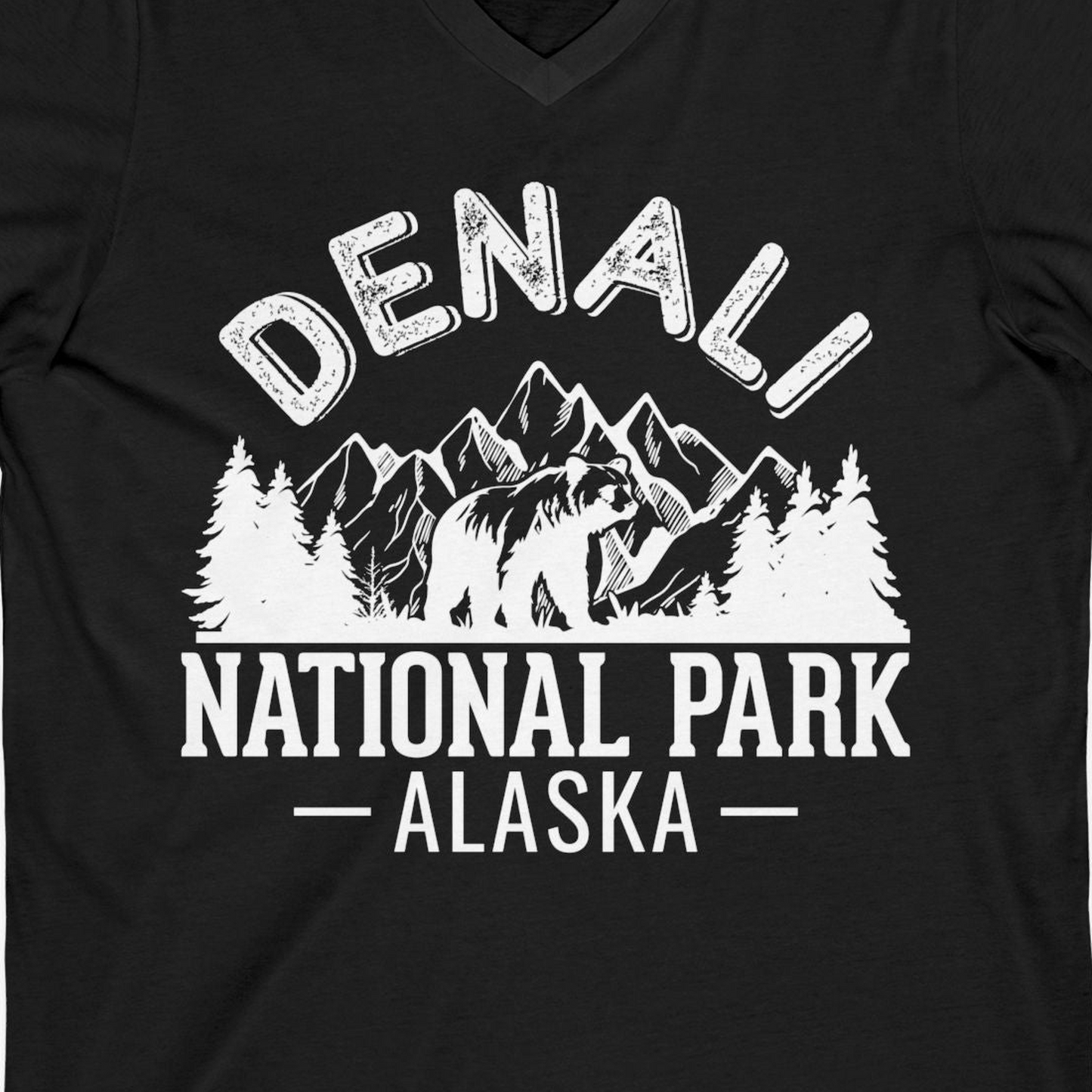Denali National Park Bear Mountains Vintage Alaska Nature Shirt — V-Neck V-Neck Shirt – Black – Alaska Cruise Shirts Close Up