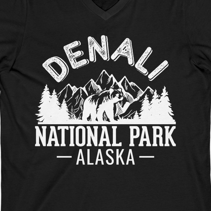 Denali National Park Bear Mountains Vintage Alaska Nature Shirt — V-Neck V-Neck Shirt – Black – Alaska Cruise Shirts Close Up