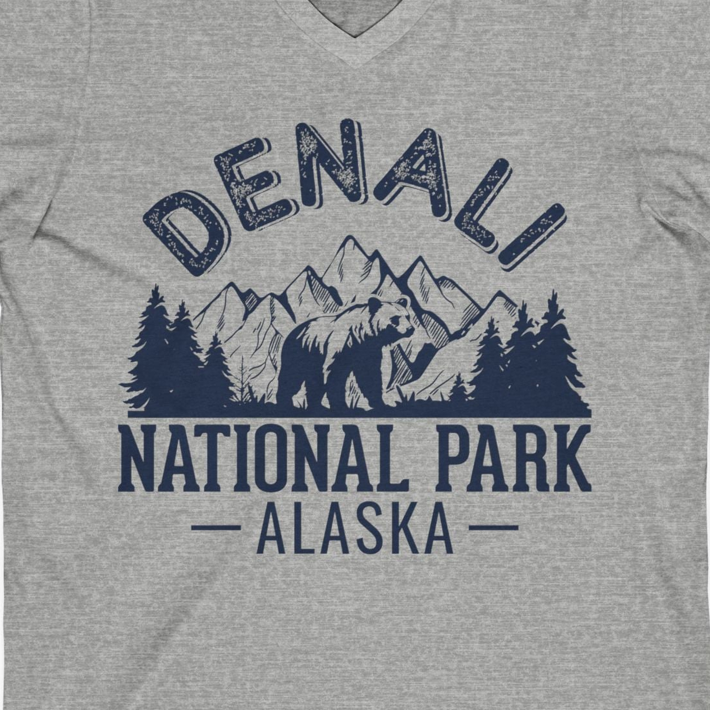 Denali National Park Bear Mountains Vintage Alaska Nature Shirt — V-Neck V-Neck Shirt – Athletic Heather – Alaska Cruise Shirts Close Up
