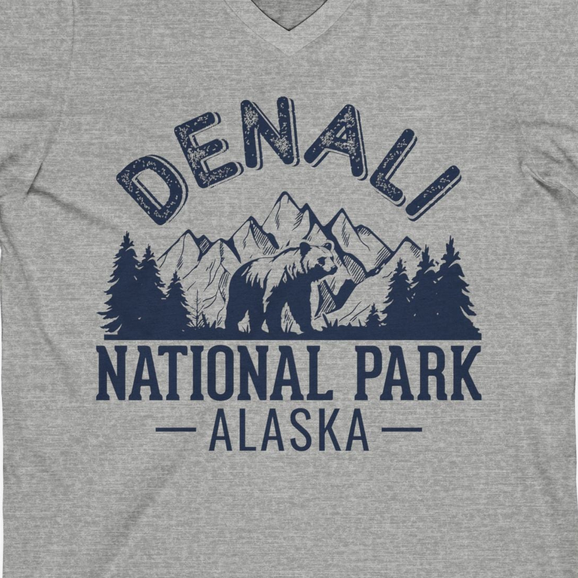 Denali National Park Bear Mountains Vintage Alaska Nature Shirt — V-Neck V-Neck Shirt – Athletic Heather – Alaska Cruise Shirts Close Up