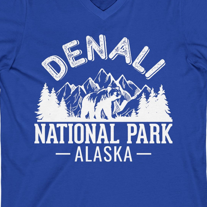 Denali National Park Bear Mountains Vintage Alaska Nature Shirt — V-Neck V-Neck Shirt – True Royal – Alaska Cruise Shirts Close Up