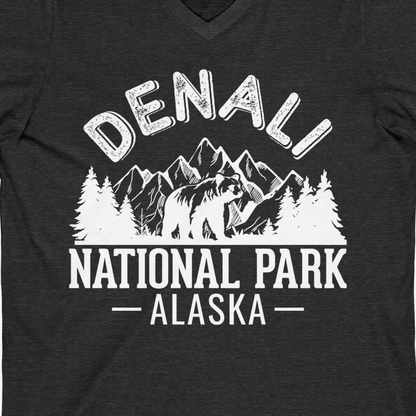 Denali National Park Bear Mountains Vintage Alaska Nature Shirt — V-Neck V-Neck Shirt – Dark Grey Heather – Alaska Cruise Shirts Close Up