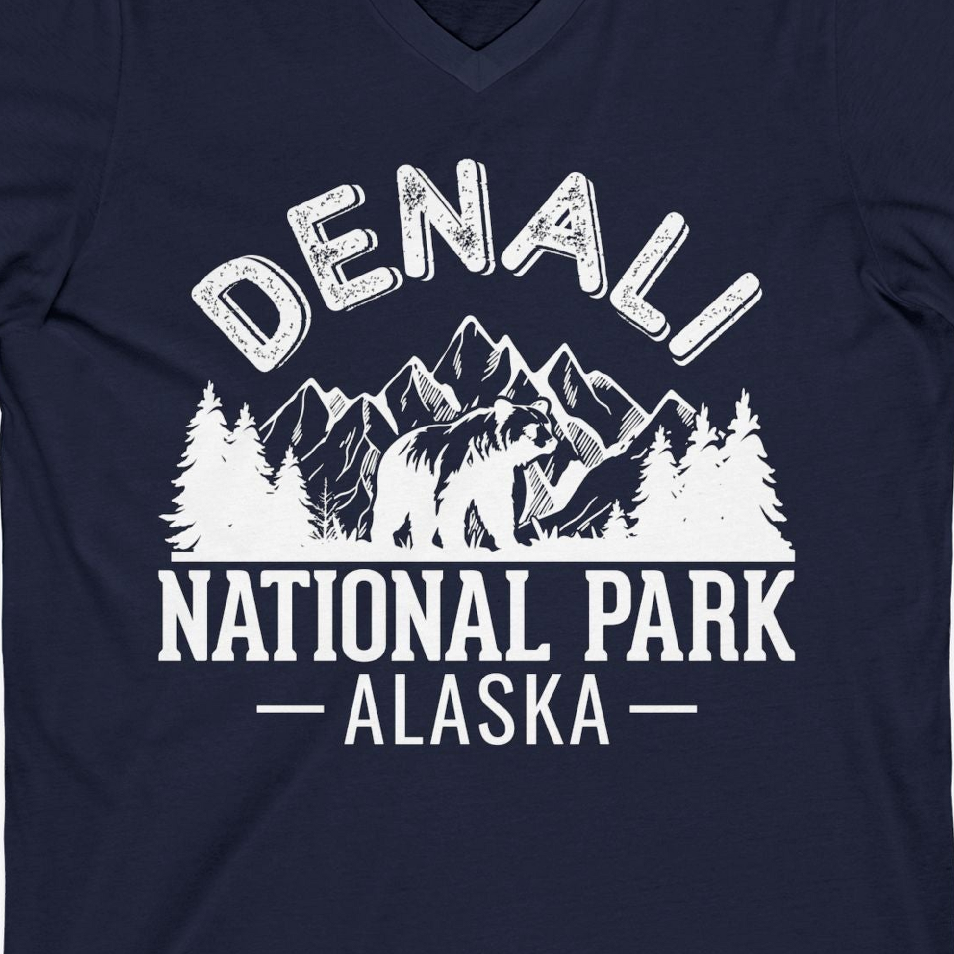 Denali National Park Bear Mountains Vintage Alaska Nature Shirt — V-Neck V-Neck Shirt – Navy – Alaska Cruise Shirts Close Up