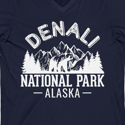 Denali National Park Bear Mountains Vintage Alaska Nature Shirt — V-Neck V-Neck Shirt – Navy – Alaska Cruise Shirts Close Up