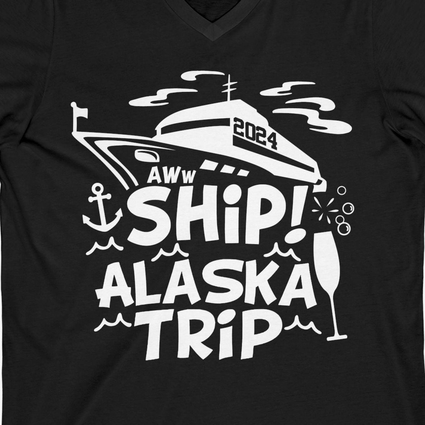 Aww Ship Alaska Cruise Shirt V-Neck Shirt – Black – Alaska Cruise Shirts Close Up