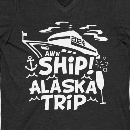 Aww Ship Alaska Cruise Shirt V-Neck Shirt – Dark Grey Heather – Alaska Cruise Shirts Close Up