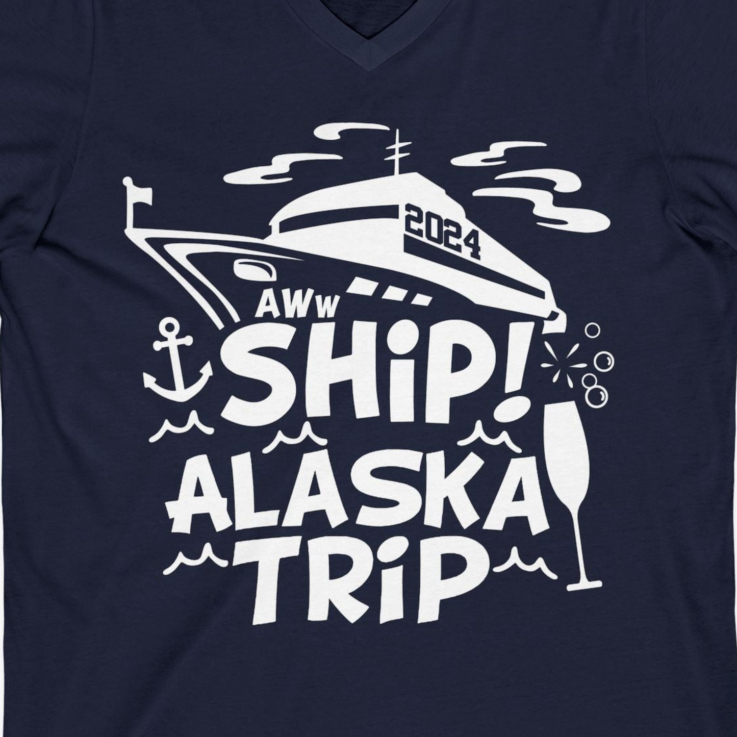 Aww Ship Alaska Cruise Shirt V-Neck Shirt – Navy – Alaska Cruise Shirts Close Up
