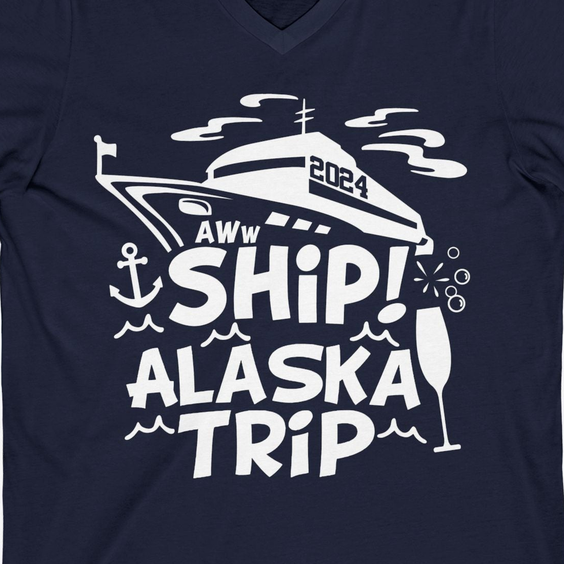 Aww Ship Alaska Cruise Shirt V-Neck Shirt – Navy – Alaska Cruise Shirts Close Up