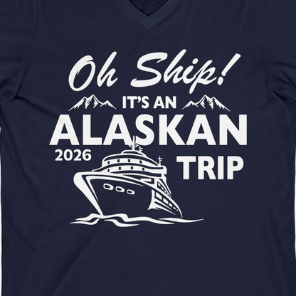 Oh Ship Alaskan Cruise Shirt 2026 V-Neck Shirt – Navy – Alaska Cruise Shirts Close Up