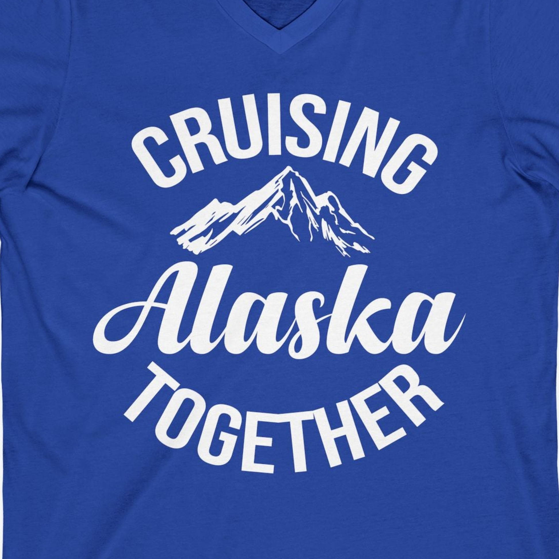 Cruising Alaska Together Mountain Adventure Travel Couples Shirt — V-Neck V-Neck Shirt – True Royal – Alaska Cruise Shirts Close Up
